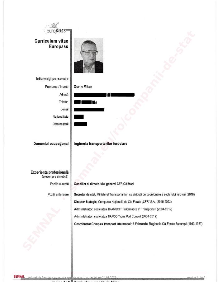 Prima pagină din CV-ul lui Dorin Mitan, Membru în Consiliul de Administrație la Compania Națională de Căi Ferate „CFR” SA