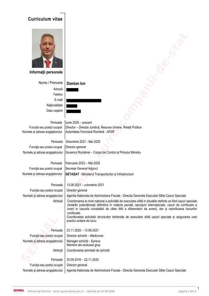 Prima pagină din CV-ul lui Ion Damian, Președintele Consiliului de Administrație la Compania Națională de Căi Ferate „CFR” SA