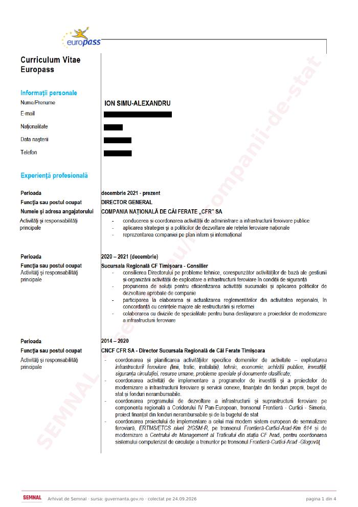 Prima pagină din CV-ul lui Ion Simu Alexandru, Director General la Compania Națională de Căi Ferate „CFR” SA