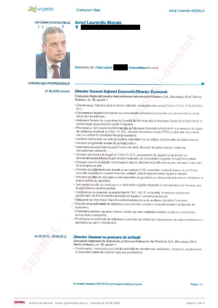 Prima pagină din CV-ul lui Ionuț Laurențiu Mașala, Membru în Consiliul de Administrație la Compania Națională de Căi Ferate „CFR” SA