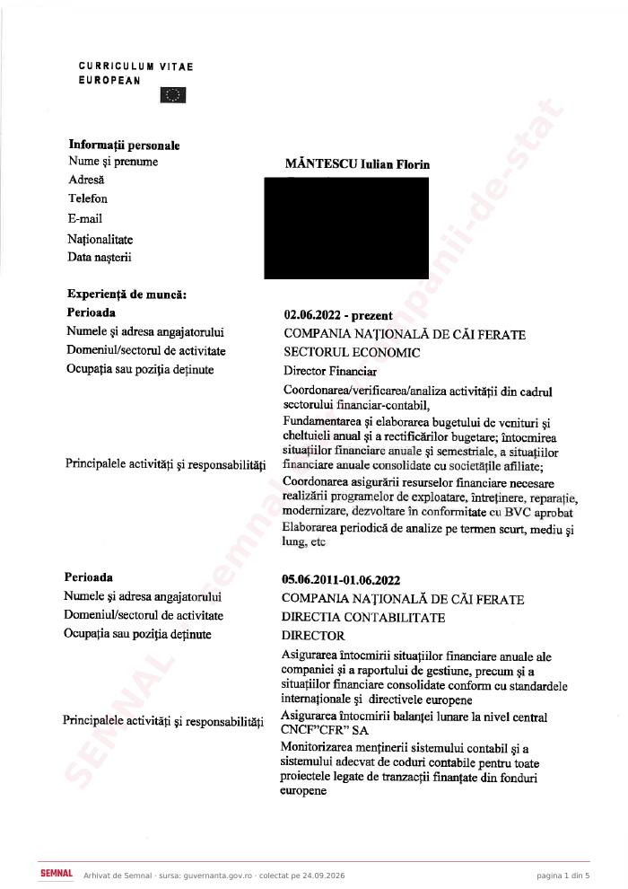 Prima pagină din CV-ul lui Iulian Florin Măntescu, Director Financiar la Compania Națională de Căi Ferate „CFR” SA