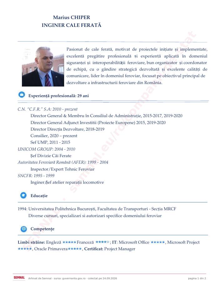 Prima pagină din CV-ul lui Marian Marius Chiper, Membru în Consiliul de Administrație la Compania Națională de Căi Ferate „CFR” SA