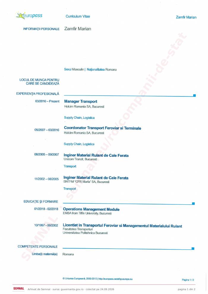 Prima pagină din CV-ul lui Marian Zamfir, Membru în Consiliul de Administrație la Compania Națională de Căi Ferate „CFR” SA