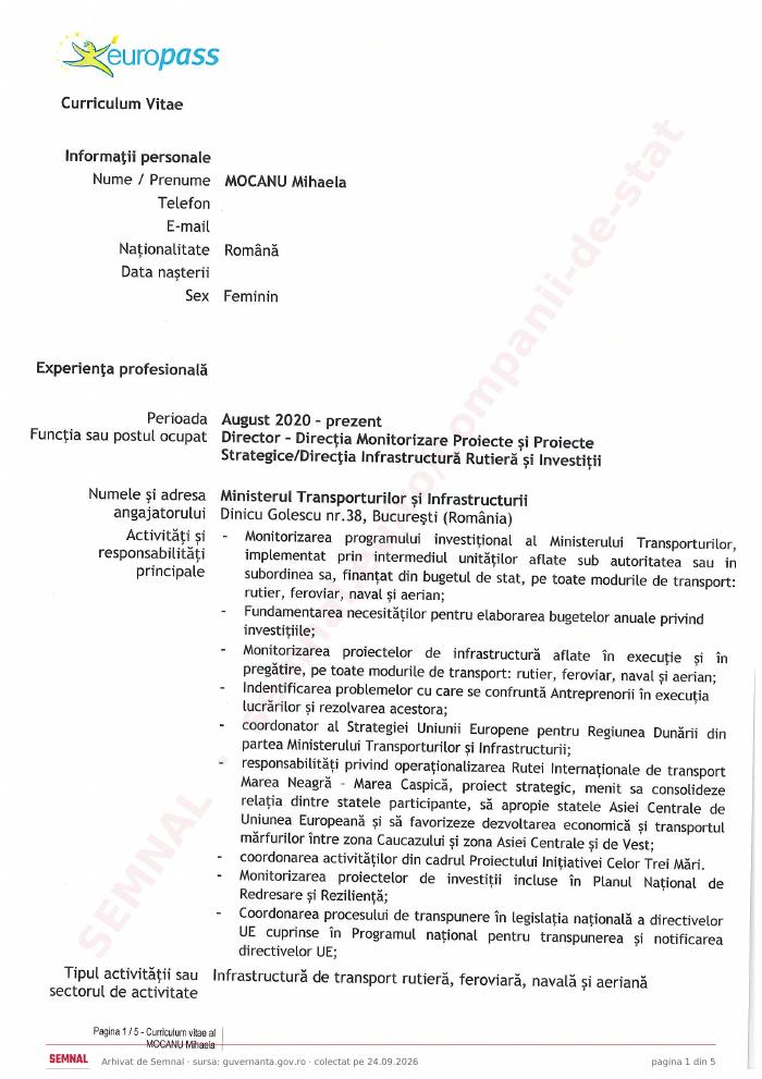 Prima pagină din CV-ul lui Mihaela Mocanu, Membru în Consiliul de Administrație la Compania Națională de Căi Ferate „CFR” SA