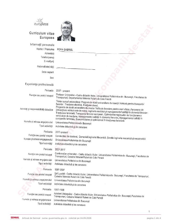 Prima pagină din CV-ul lui Gabriel Popa, Membru în Consiliul de Administrație la Societatea Națională de Transport Feroviar de Călători „CFR Călători” SA