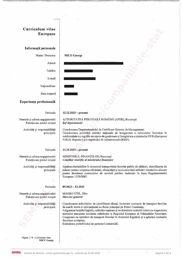 Prima pagină din CV-ul lui George Micu, Membru în Consiliul de Administrație la Societatea Națională de Transport Feroviar de Călători „CFR Călători” SA