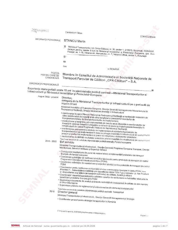 Prima pagină din CV-ul lui Marin Stancu, Membru în Consiliul de Administrație la Societatea Națională de Transport Feroviar de Călători „CFR Călători” SA