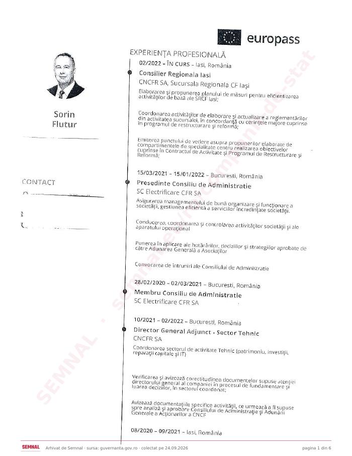 Prima pagină din CV-ul lui Sorin Georgel Flutur, Membru în Consiliul de Administrație la Societatea Națională de Transport Feroviar de Călători „CFR Călători” SA