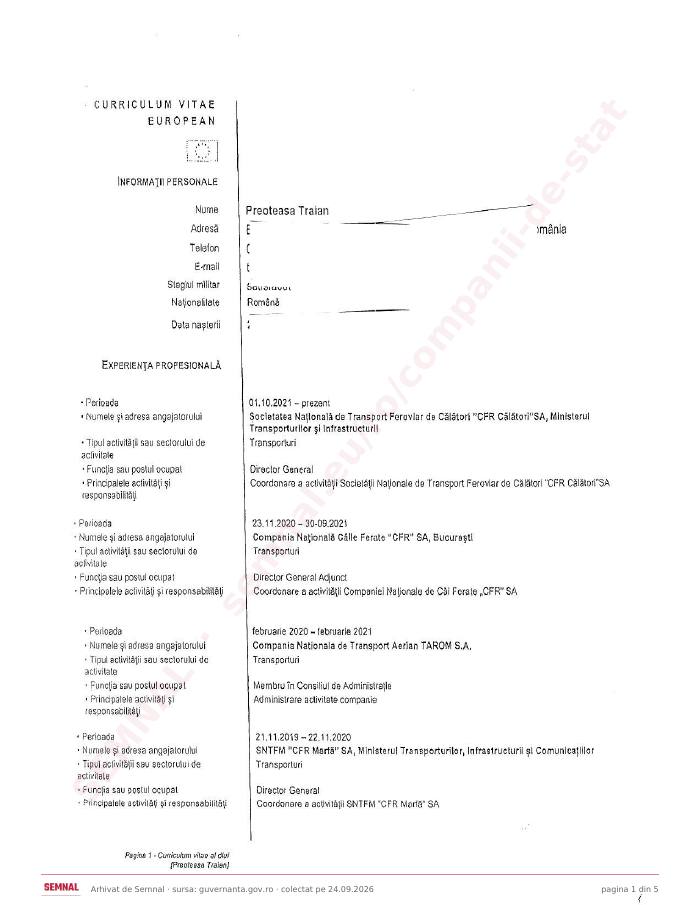 Prima pagină din CV-ul lui Traian Preoteasa, Membru în Consiliul de Administrație la Societatea Națională de Transport Feroviar de Călători „CFR Călători” SA