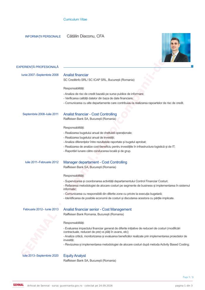 Prima pagină din CV-ul lui Cătălin Diaconu, Membru în Consiliul de Administrație la Compania Naţională „Administraţia Porturilor Maritime” SA Constanța