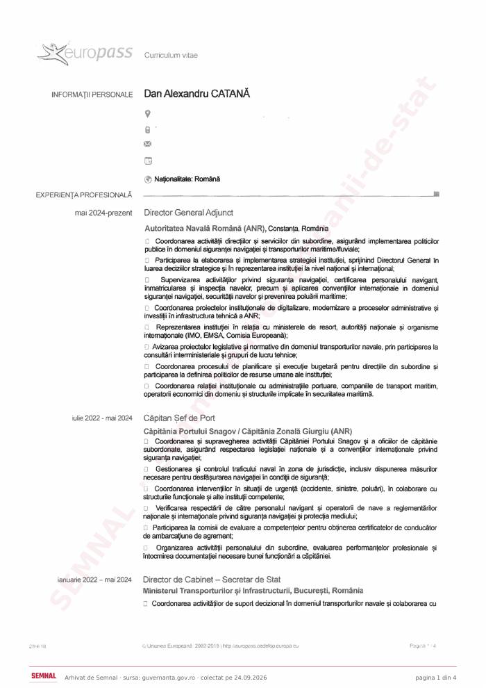 Prima pagină din CV-ul lui Dan Alexandru Catană, Membru în Consiliul de Administrație la Compania Naţională „Administraţia Porturilor Maritime” SA Constanța