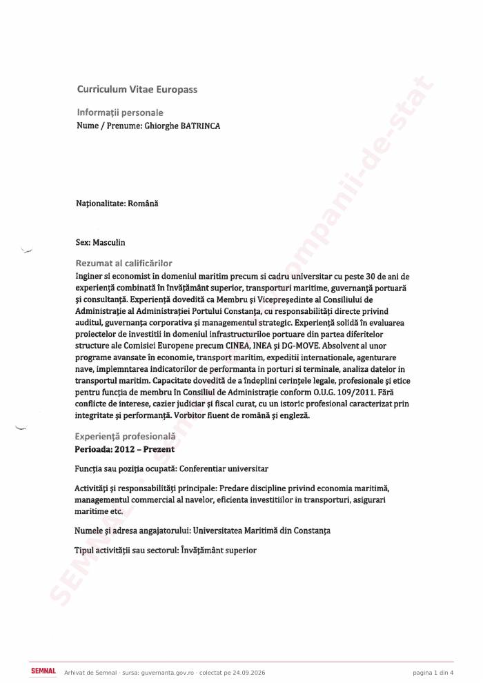 Prima pagină din CV-ul lui Ghiorghe Bătrînca, Membru în Consiliul de Administrație la Compania Naţională „Administraţia Porturilor Maritime” SA Constanța