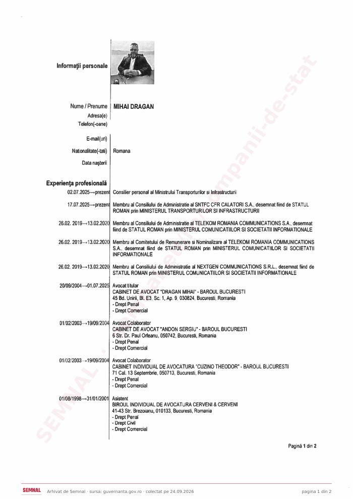 Prima pagină din CV-ul lui Mihai Drăgan, Membru în Consiliul de Administrație la Compania Naţională „Administraţia Porturilor Maritime” SA Constanța