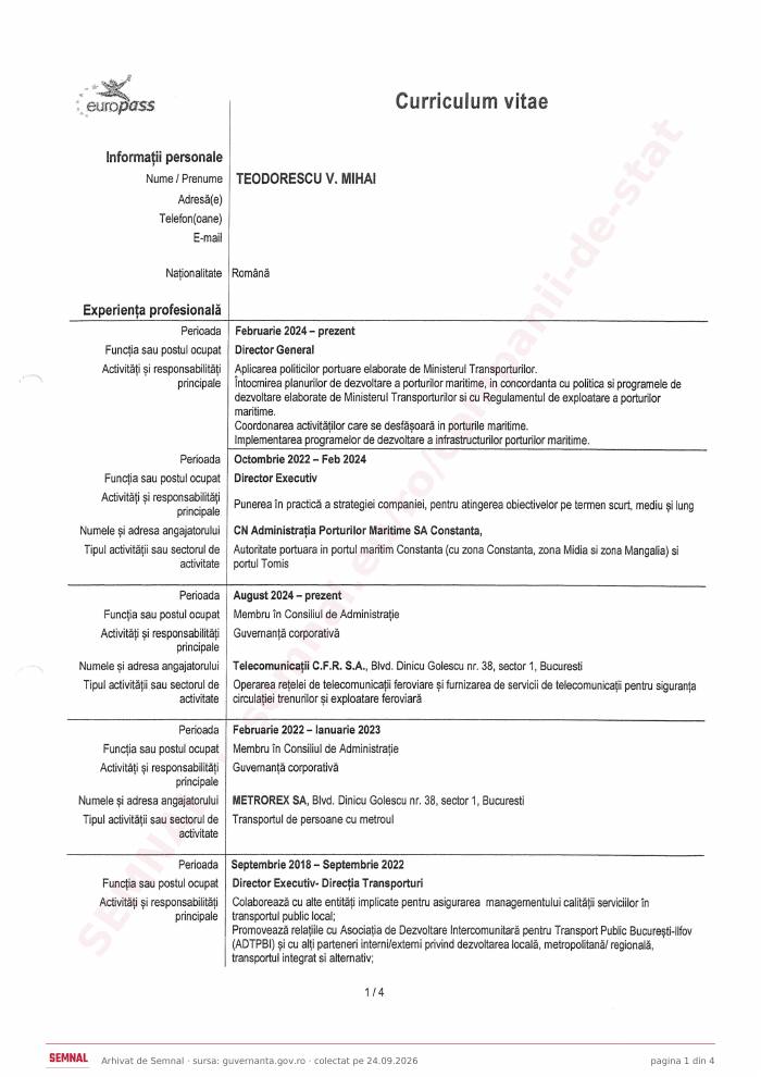 Prima pagină din CV-ul lui Mihai Teodorescu, Membru în Consiliul de Administrație la Compania Naţională „Administraţia Porturilor Maritime” SA Constanța
