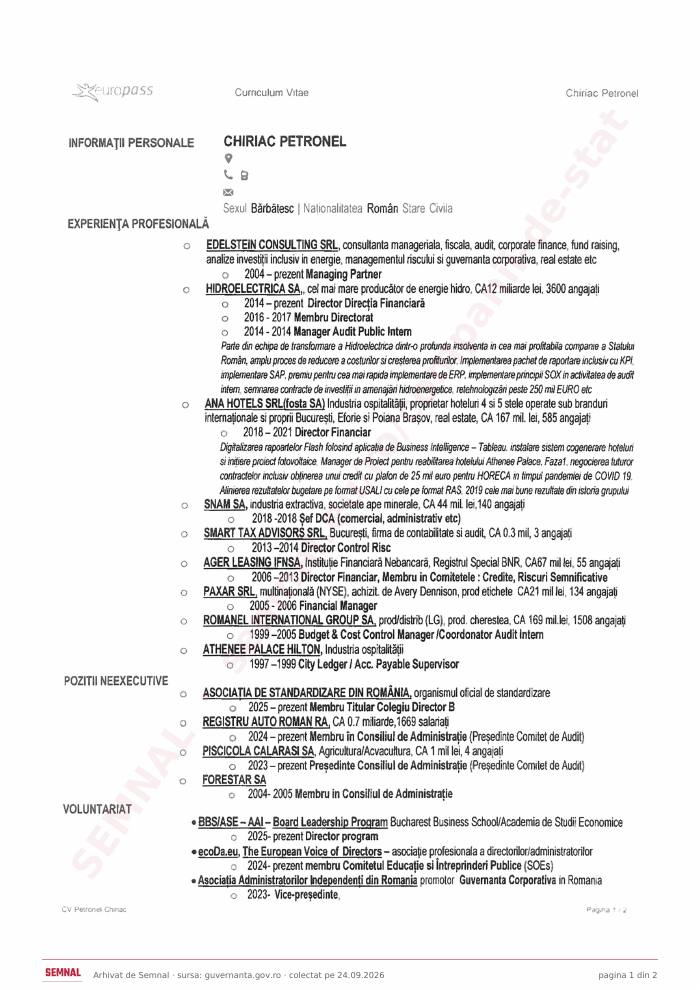Prima pagină din CV-ul lui Petronel Chiriac, Membru în Consiliul de Administrație la Compania Naţională „Administraţia Porturilor Maritime” SA Constanța