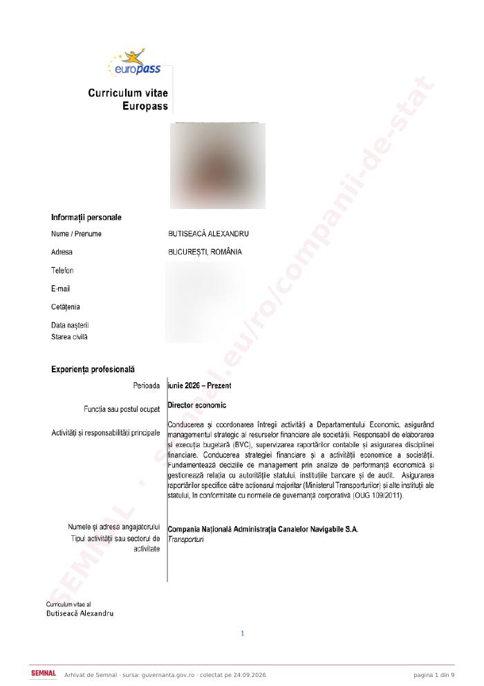 Prima pagină din CV-ul lui Alexandru Butiseacă, Director Economic la Compania Naţională Administraţia Canalelor Navigabile SA