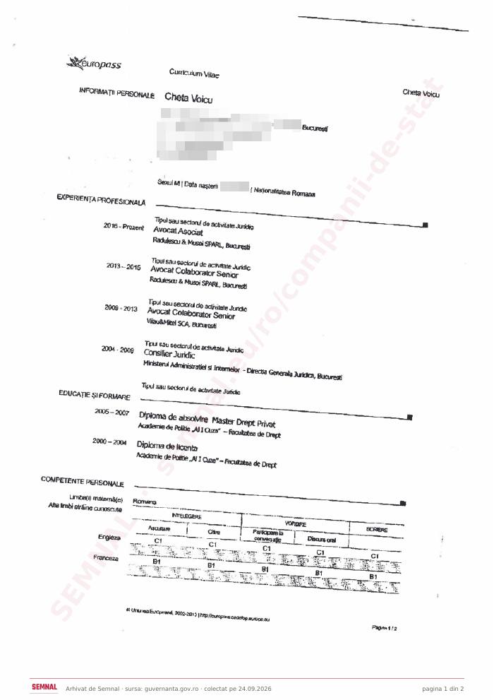 Prima pagină din CV-ul lui Voicu Cheța, Membru în Consiliul de Administrație la Compania Naţională Administraţia Canalelor Navigabile SA