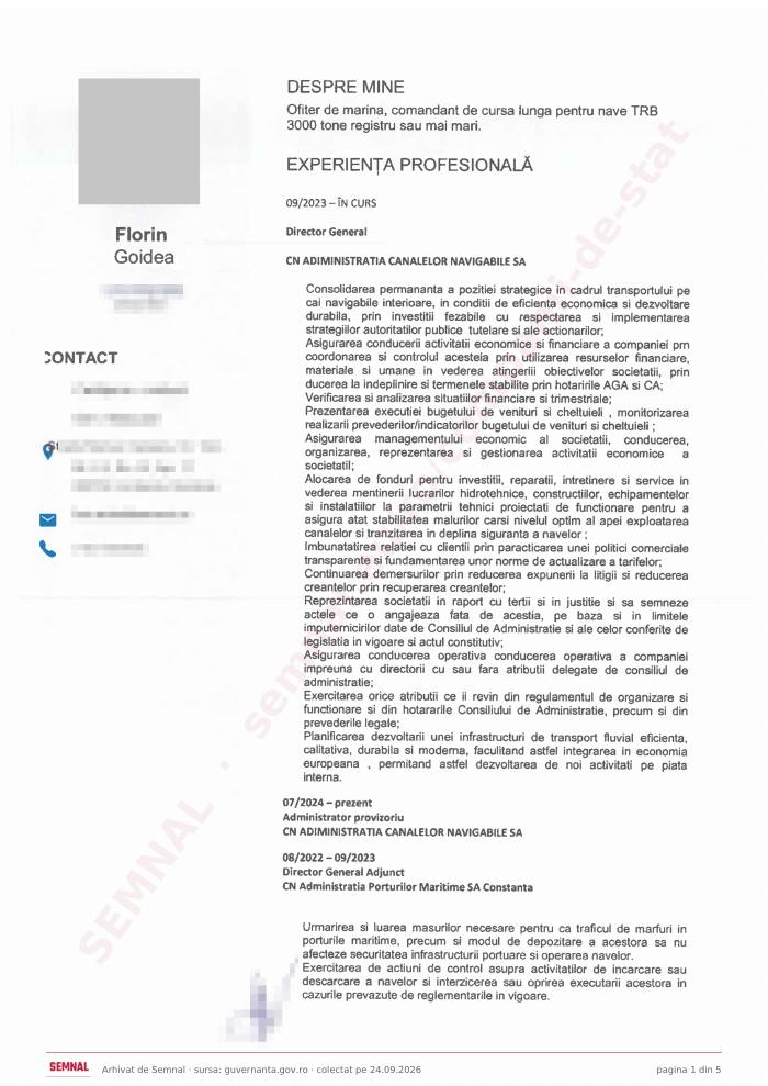 Prima pagină din CV-ul lui Florin Goidea, Membru în Consiliul de Administrație la Compania Naţională Administraţia Canalelor Navigabile SA