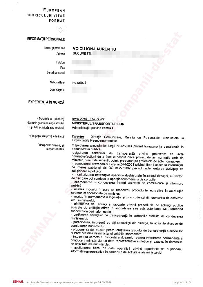 Prima pagină din CV-ul lui Ion Laurențiu Voicu, Membru în Consiliul de Administrație la Compania Naţională Administraţia Canalelor Navigabile SA