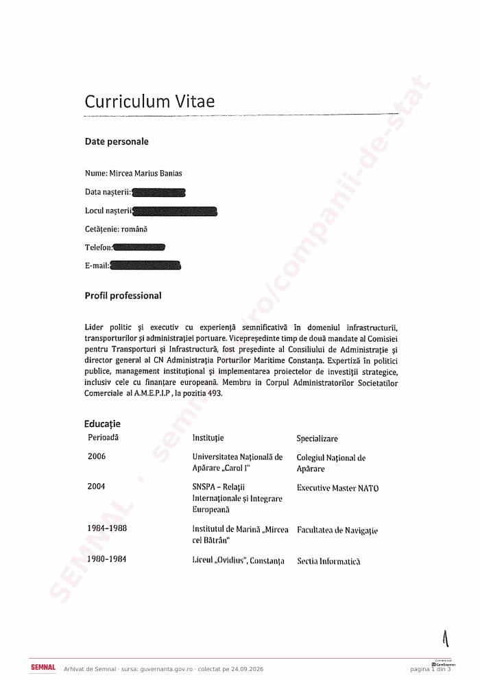 Prima pagină din CV-ul lui Mircea Marius Banias, Președintele Consiliului de Administrație la Compania Naţională Administraţia Canalelor Navigabile SA