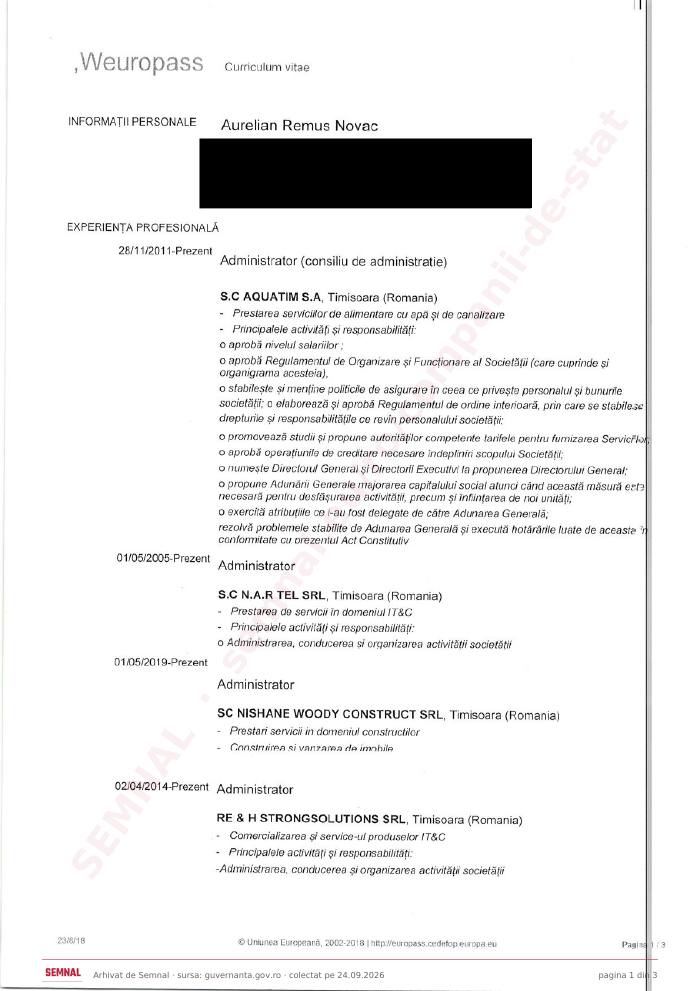 Prima pagină din CV-ul lui Aurelian Remus Novac, Membru în Consiliul de Administrație la Societatea Naţională „Aeroportul Internaţional Timişoara Traian Vuia” SA