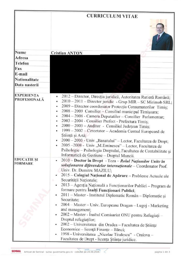 Prima pagină din CV-ul lui Cristian Anton, Membru în Consiliul de Administrație la Societatea Naţională „Aeroportul Internaţional Timişoara Traian Vuia” SA