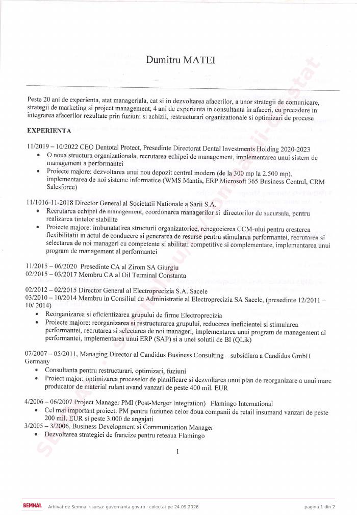 Prima pagină din CV-ul lui Dumitru Matei, Membru în Consiliul de Administrație la Societatea Naţională „Aeroportul Internaţional Timişoara Traian Vuia” SA