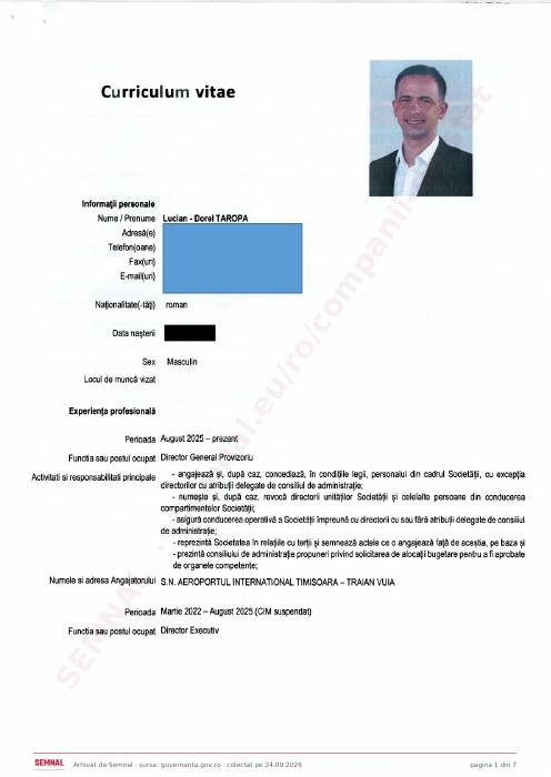 Prima pagină din CV-ul lui Lucian Dorel Taropa, Director General la Societatea Naţională „Aeroportul Internaţional Timişoara Traian Vuia” SA