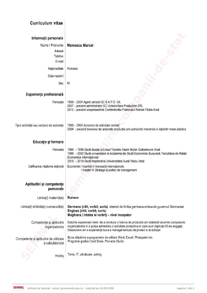Prima pagină din CV-ul lui Marcel Măinescu, Membru în Consiliul de Administrație la Societatea Naţională „Aeroportul Internaţional Timişoara Traian Vuia” SA