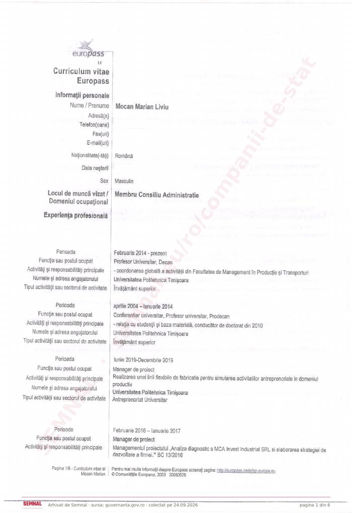 Prima pagină din CV-ul lui Marian Mocan, Membru în Consiliul de Administrație la Societatea Naţională „Aeroportul Internaţional Timişoara Traian Vuia” SA