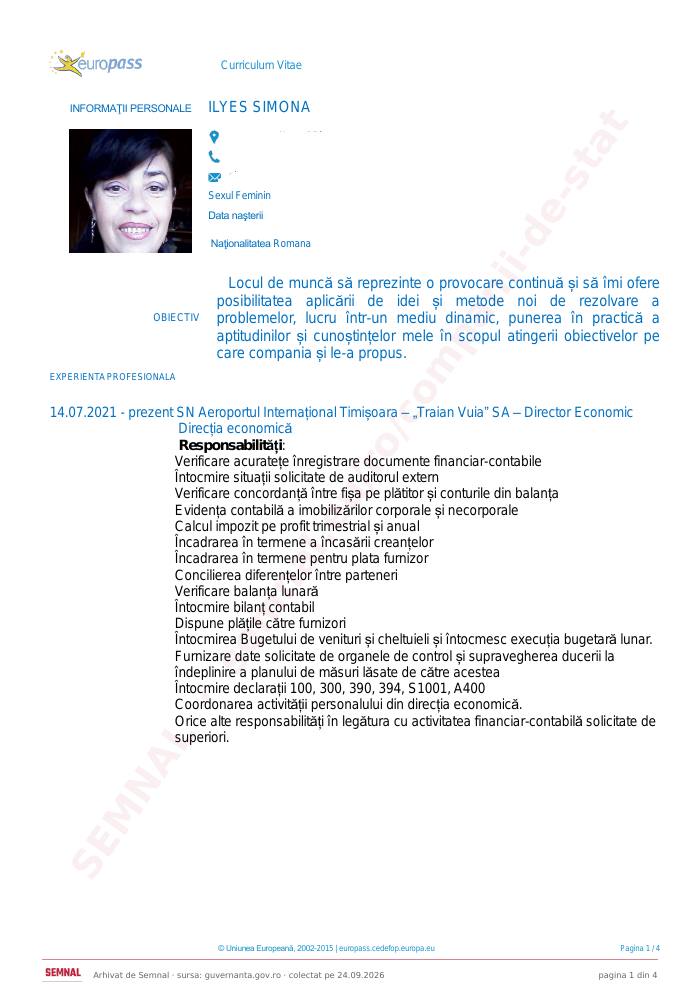 Prima pagină din CV-ul lui Simona Ilyes, Director Financiar la Societatea Naţională „Aeroportul Internaţional Timişoara Traian Vuia” SA