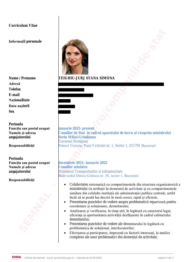 Prima pagină din CV-ul lui Stana Simona Teighiu Jurj, Membru în Consiliul de Administrație la Societatea Naţională „Aeroportul Internaţional Timişoara Traian Vuia” SA