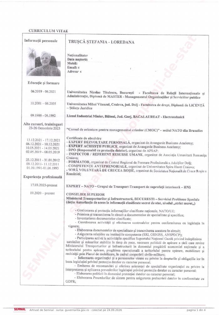 Prima pagină din CV-ul lui Ștefania Loredana Trușcă, Membru în Consiliul de Administrație la Societatea Naţională „Aeroportul Internaţional Timişoara Traian Vuia” SA