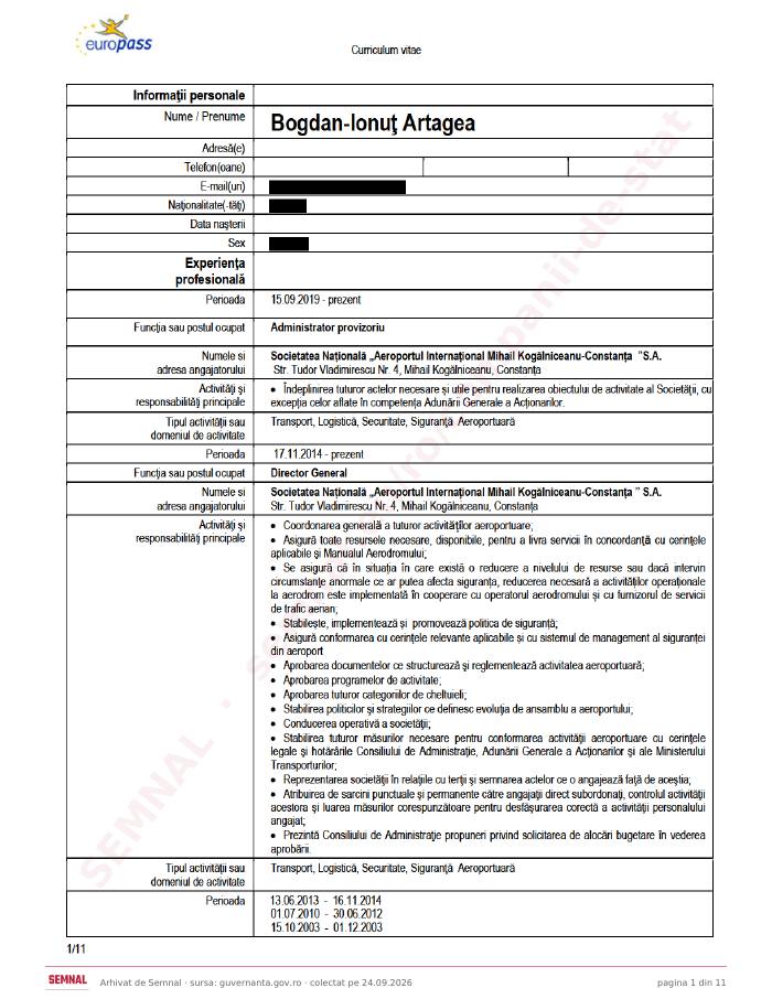 Prima pagină din CV-ul lui Bogdan Ionuț Artagea, Membru în Consiliul de Administrație la Societatea Naţională „Aeroportul Internaţional Mihail Kogălniceanu Constanţa” SA