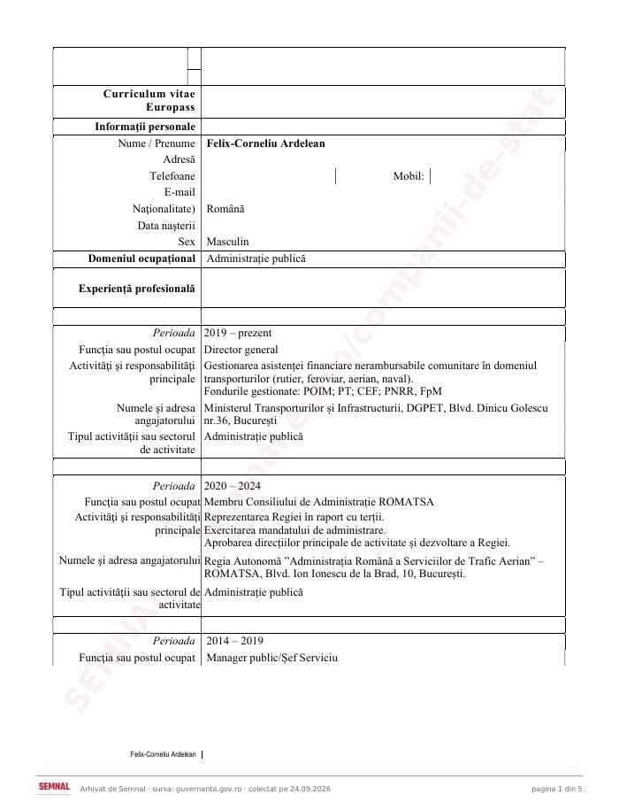 Prima pagină din CV-ul lui Felix Corneliu Ardelean, Membru în Consiliul de Administrație la Societatea Naţională „Aeroportul Internaţional Mihail Kogălniceanu Constanţa” SA