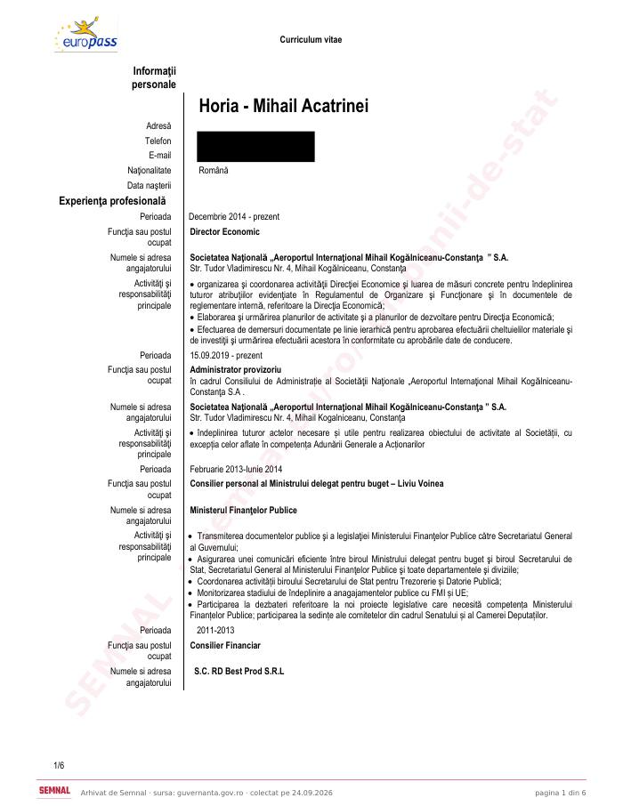 Prima pagină din CV-ul lui Horia Mihail Acatrinei, Membru în Consiliul de Administrație la Societatea Naţională „Aeroportul Internaţional Mihail Kogălniceanu Constanţa” SA