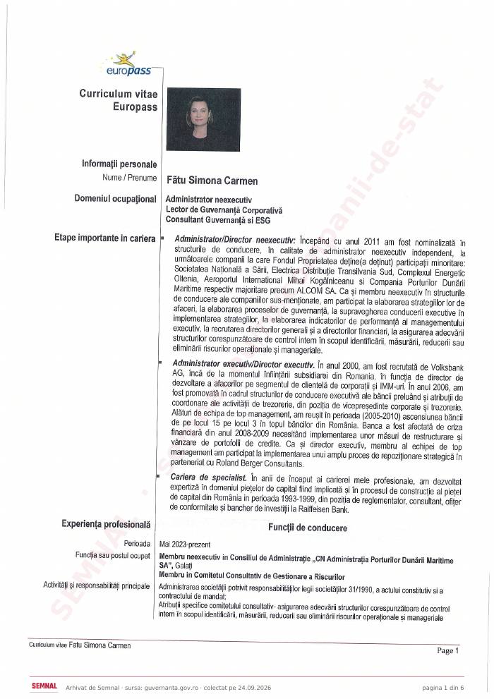 Prima pagină din CV-ul lui Simona Carmen Fătu, Membru în Consiliul de Administrație la Societatea Naţională „Aeroportul Internaţional Mihail Kogălniceanu Constanţa” SA