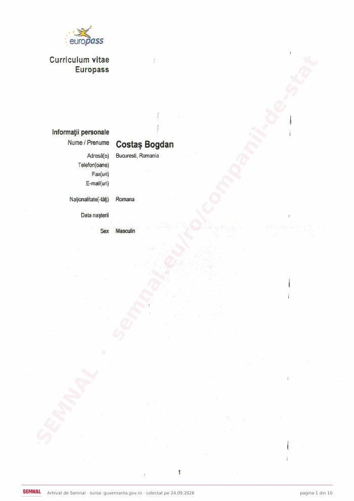 Prima pagină din CV-ul lui Bogdan Costaș, Președintele Consiliului de Administrație la IAR SA Brașov