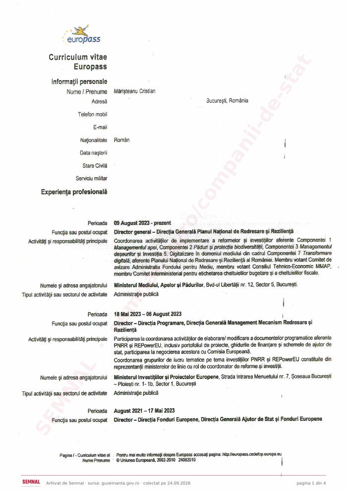 Prima pagină din CV-ul lui Cristian Mărișteanu, Membru în Consiliul de Administrație la IAR SA Brașov