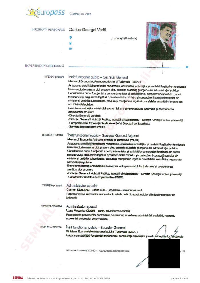 Prima pagină din CV-ul lui Darius Georgel Vodă, Membru în Consiliul de Administrație la IAR SA Brașov
