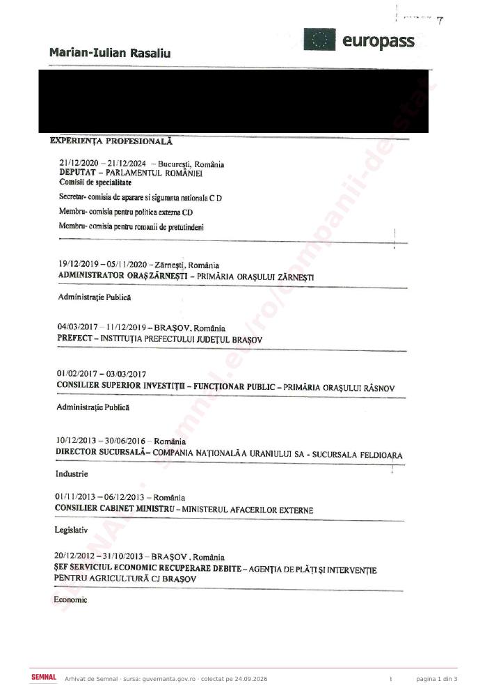 Prima pagină din CV-ul lui Marian Iulian Rasaliu, Director General la IAR SA Brașov