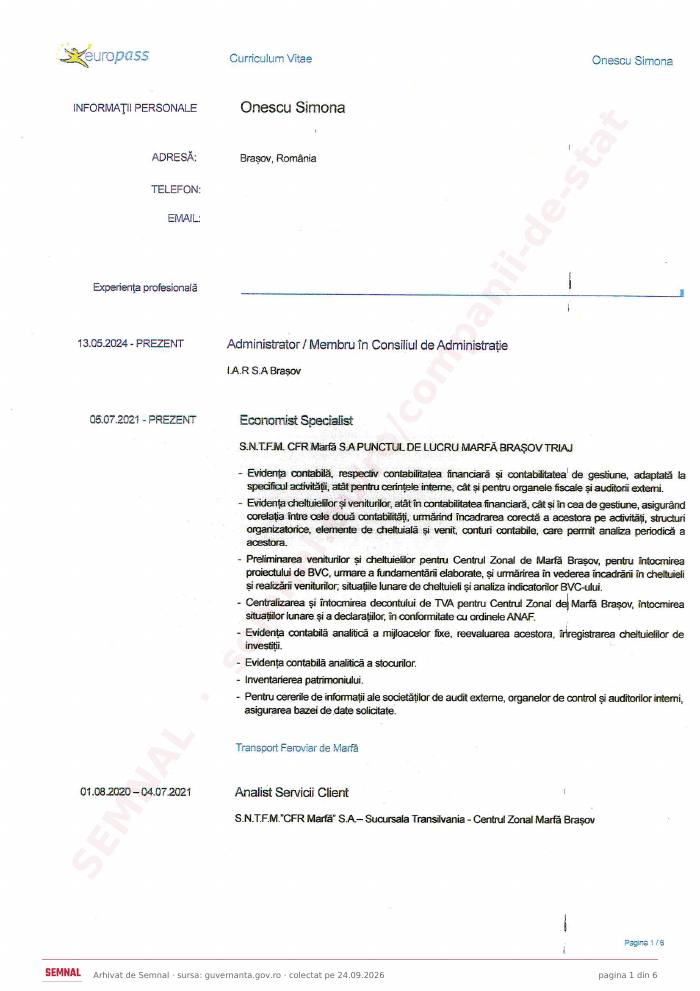 Prima pagină din CV-ul lui Simona Onescu, Membru în Consiliul de Administrație la IAR SA Brașov