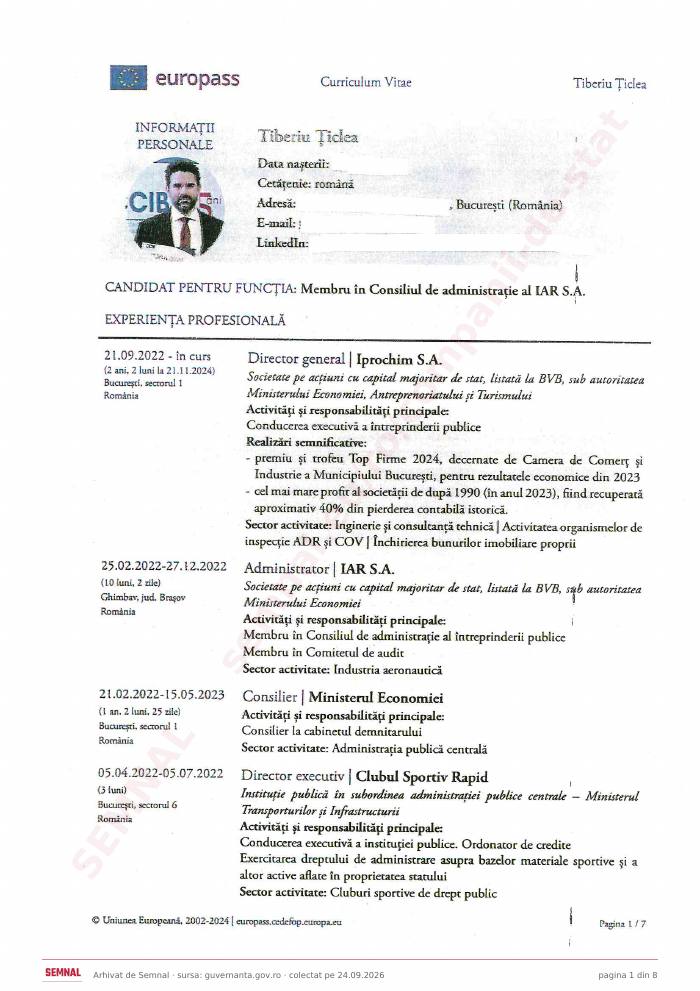 Prima pagină din CV-ul lui Tiberiu Țiclea, Membru în Consiliul de Administrație la IAR SA Brașov