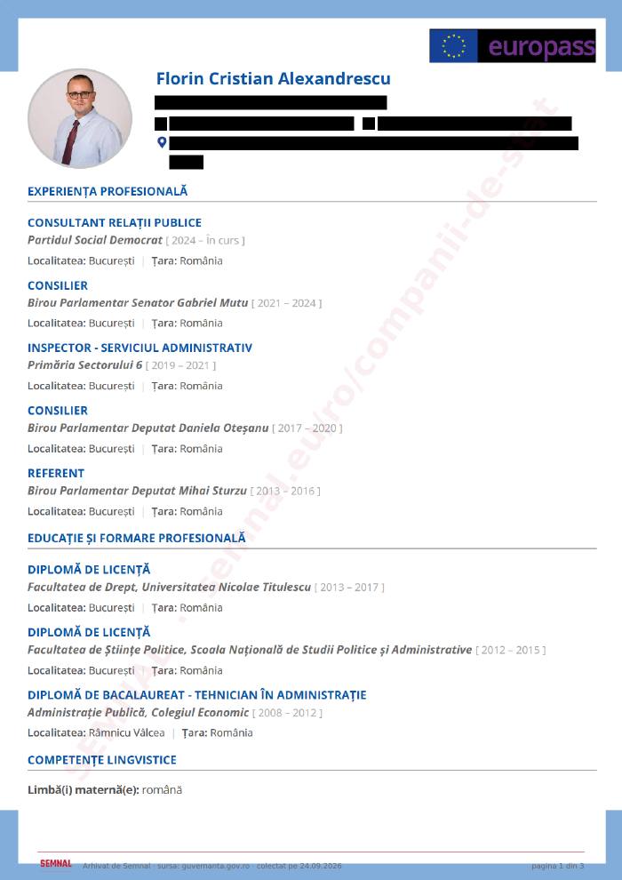 Prima pagină din CV-ul lui Florin Cristian Alexandrescu, Membru în Consiliul de Administrație la Arcadia 2000 SA