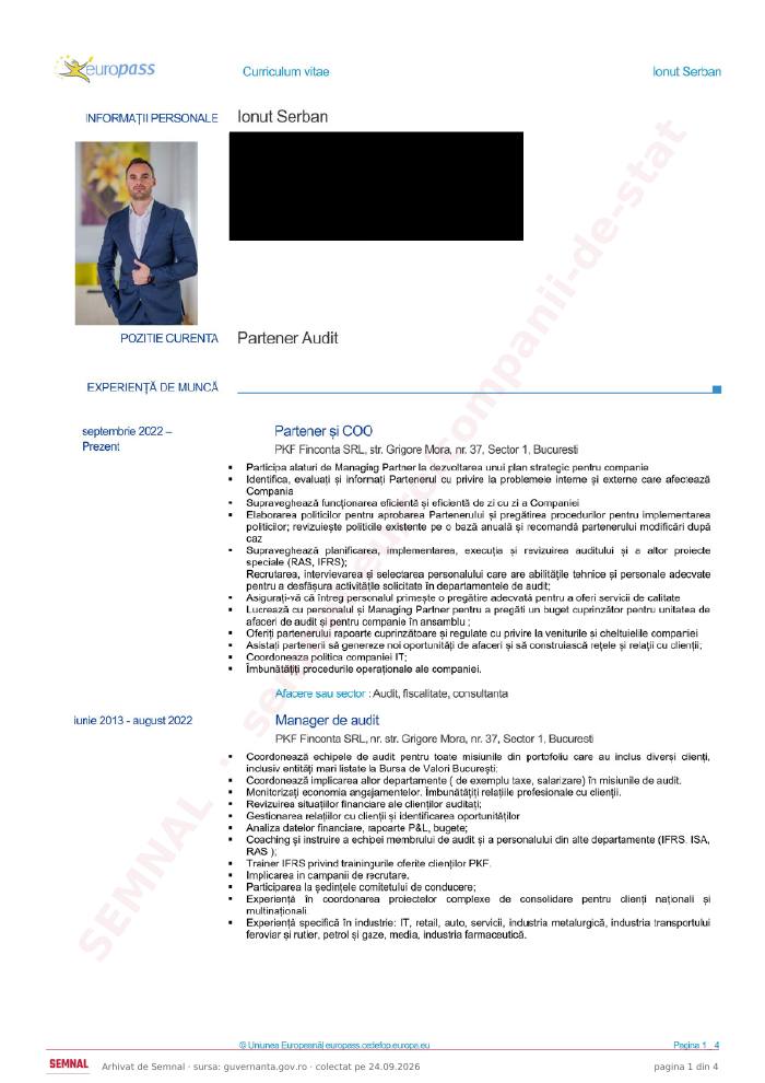 Prima pagină din CV-ul lui Șerban Ionuț, Membru în Consiliul de Administrație la Arcadia 2000 SA