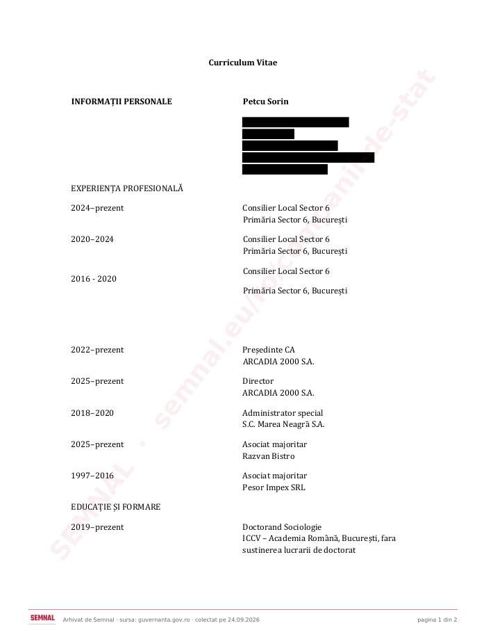 Prima pagină din CV-ul lui Sorin Petcu, Membru în Consiliul de Administrație la Arcadia 2000 SA