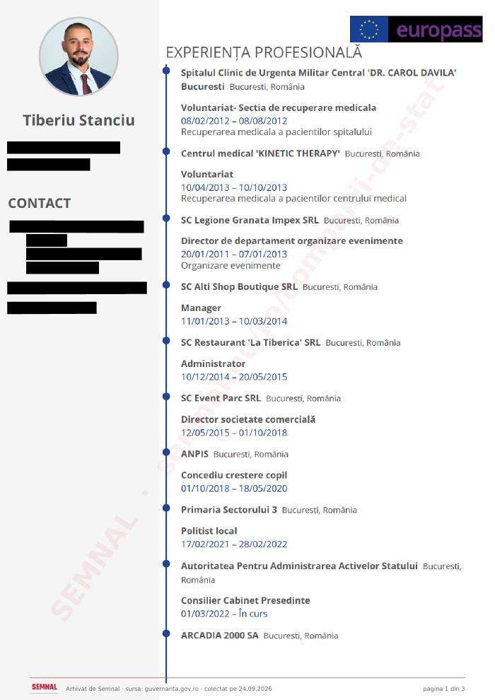 Prima pagină din CV-ul lui Tiberiu Stanciu, Membru în Consiliul de Administrație la Arcadia 2000 SA