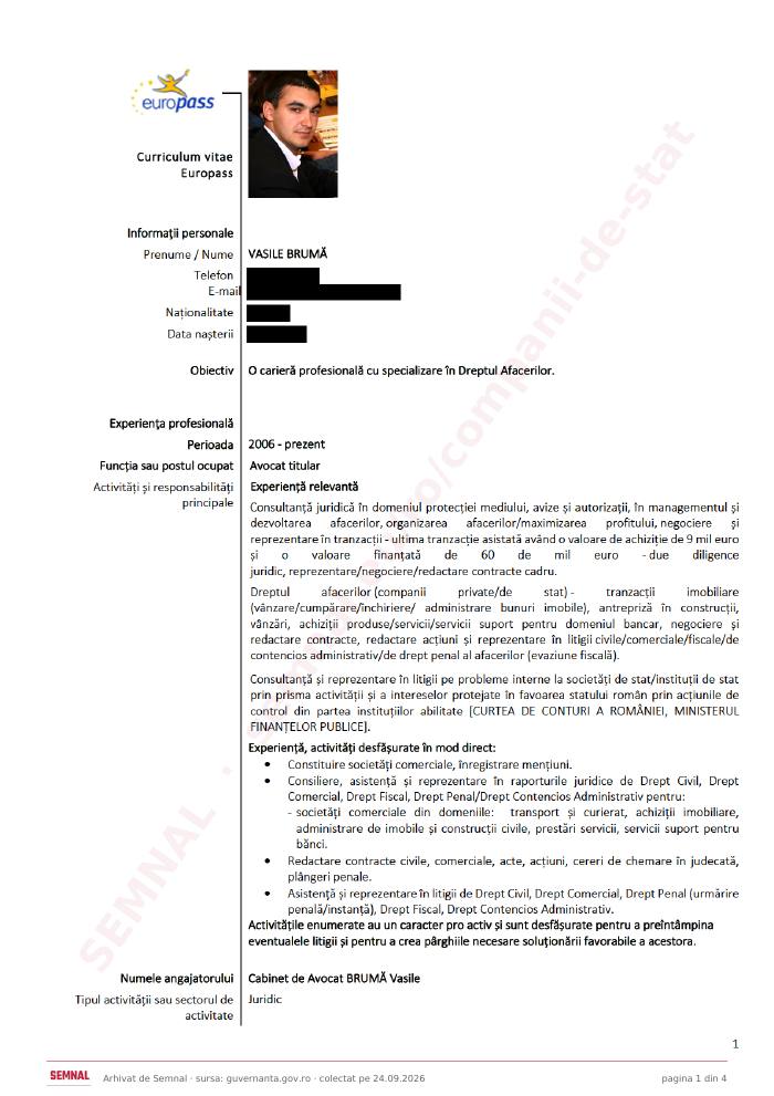 Prima pagină din CV-ul lui Vasile Brumă, Membru în Consiliul de Administrație la Arcadia 2000 SA