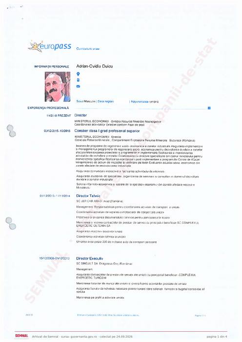 Prima pagină din CV-ul lui Adrian Ovidiu Duicu, Președintele Consiliului de Administrație la Cupru Min SA Abrud