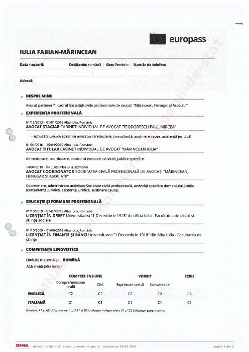 Prima pagină din CV-ul lui Iulia Fabian Mărincean, Membru în Consiliul de Administrație la Cupru Min SA Abrud